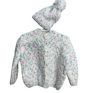 Vintage Handmade Knit Cardigan Sweater & Pom Pom Hat Set – Toddler 3T–4T